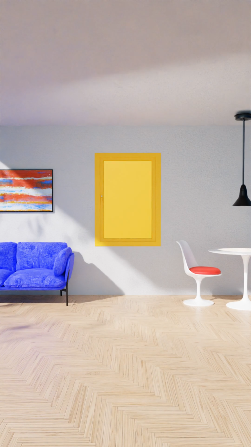 render living room dai colori accessi, con una sedia, un divano, un divano, un quadro, un lapadario ed un tavolo